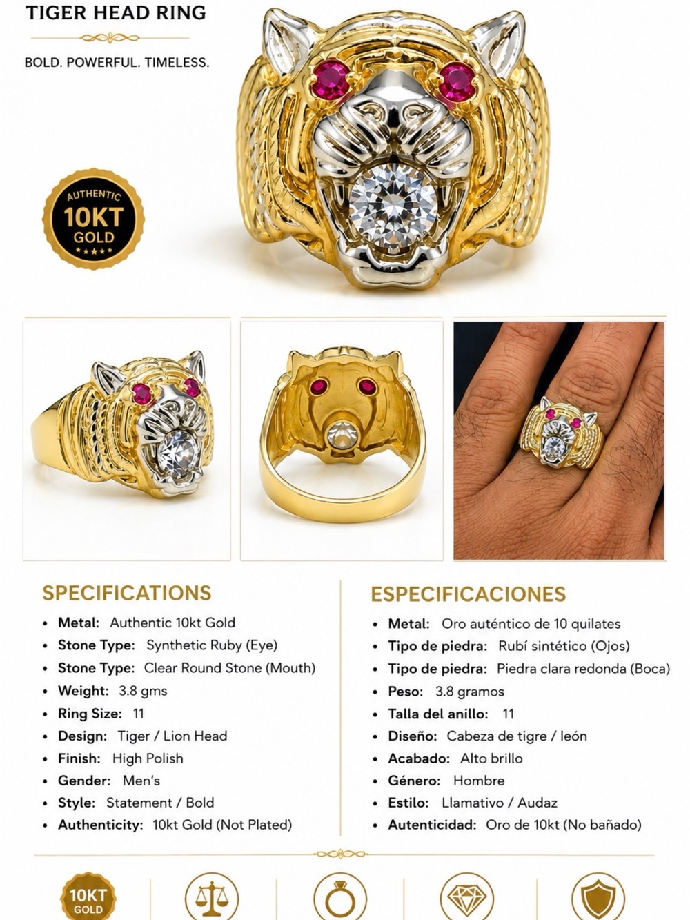 10kt Gold Tiger Head Ring with Ruby Eyes and Clear Stone